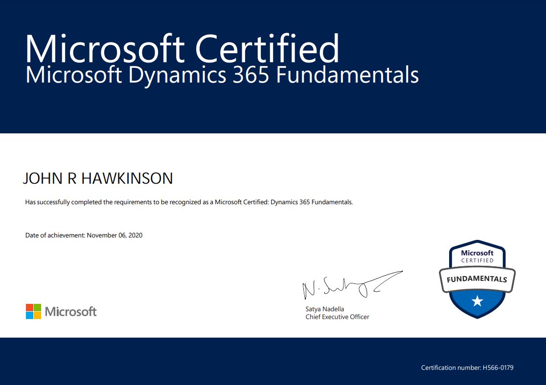 Dynamics 365 fundamentals certificate