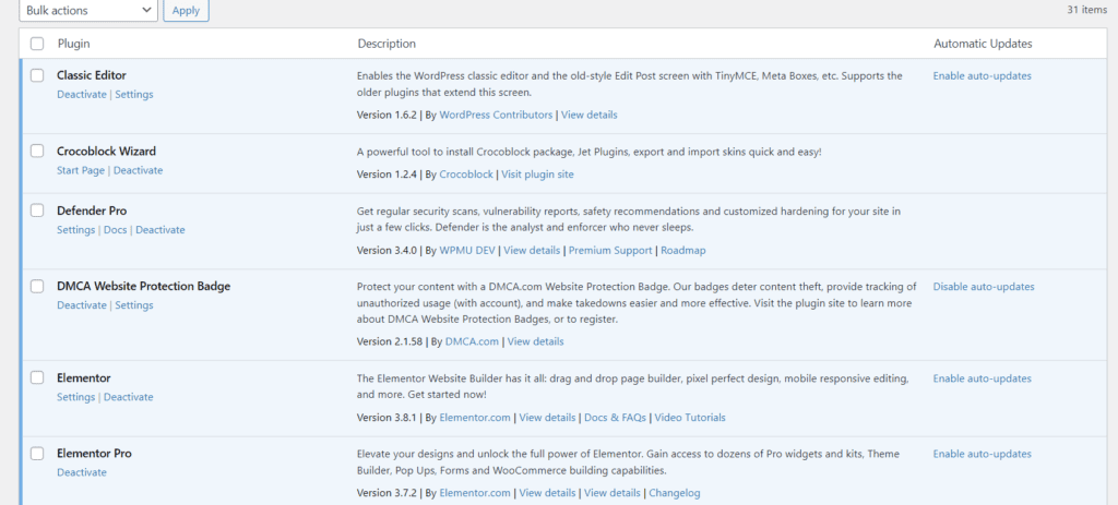 Screenshot of the WordPress plugin area